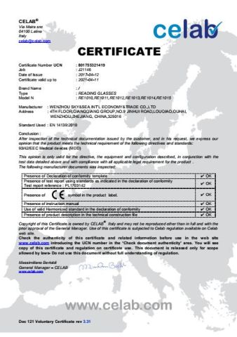 CE Certificate(Reading glasses) certificate from Sky & Sea Optical MFY Co., Ltd.