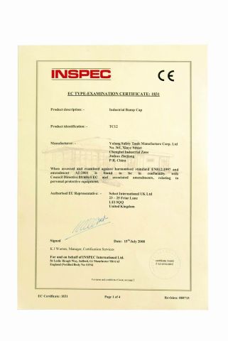 Bump Cap CE Certificate certificate from Yulong Safety Tools Manufacture Corp., Ltd.