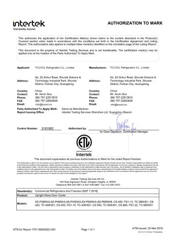 NSF Certificate certificate from TCCOOL Refrigeration Co., Limited