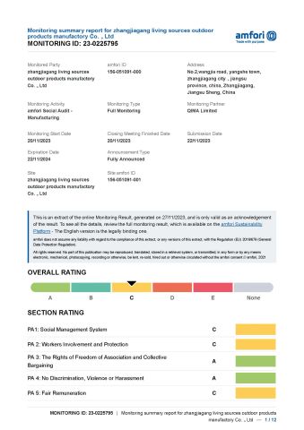 BSCI certificate from Jiahe Outdoor Products (Zhangjiagang) Co., Ltd.