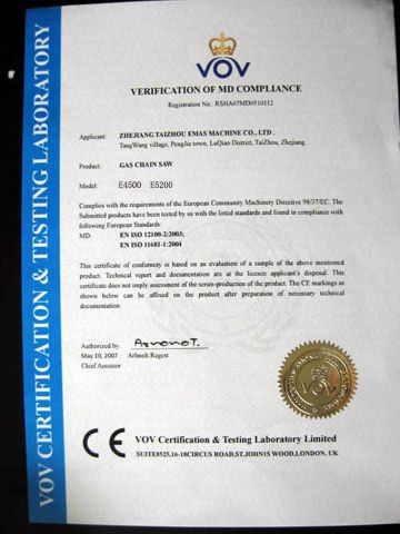 Certificate---VOV certificate from Taizhou Emas Machine Co., Ltd.