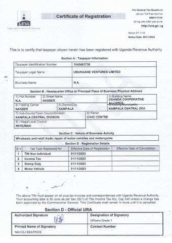 Certificate of Registration certificate from Ubungane ventures Ltd