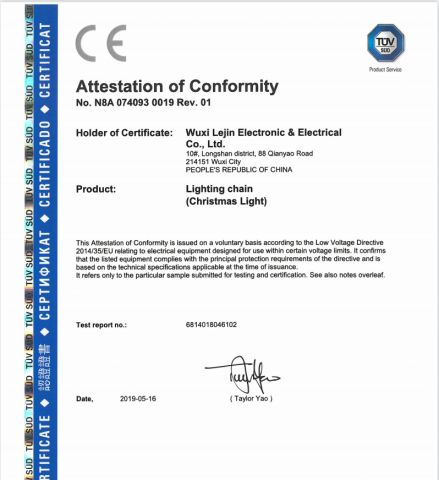 CE Certificate of chrsitmas Light certificate from Wuxi Lejin Electronic & Electrical Co., Ltd.