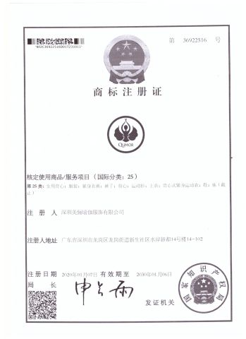 Trademark registration certificate certificate from Shenzhen Niceyoga Garment Co., Ltd