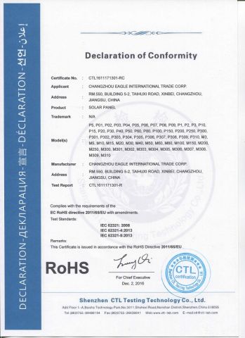 RoHS Certicicaion certificate from Changzhou Eagle International Trade Corp.