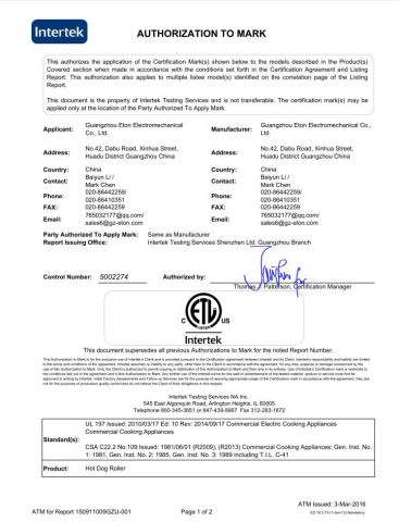hot dog roller machine certificate from Guangzhou ETON Import & Export Co., Ltd.