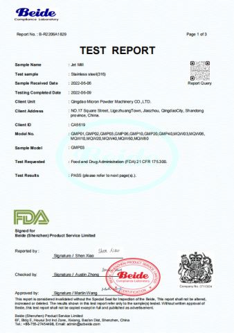 FDA certificate from Qingdao Micron Powder Machinery Co., Ltd.