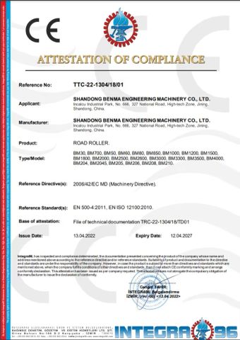 Road Roller CE certificate from Shandong Benma Engineering Machinery Co., Ltd.