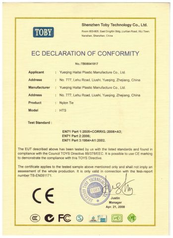 CE certificate from Yueqing Haitai Plastics Manufacture Co., Ltd.