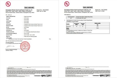 Test Report- thermal paper certificate from Richer Paper (Shenzhen) Co.,Ltd.