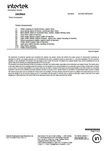 Chemical combustion test report of Bed rail certificate from Anhui Talent Baby Products Co., Ltd.