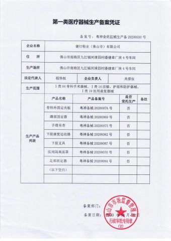 Class 1 Medical Device certificate from Jianxing Shoe Co., Ltd.