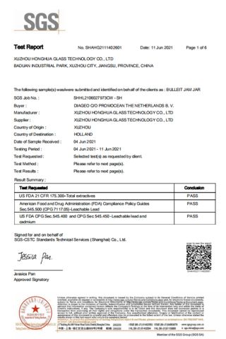 Glass Bottle Test Report certificate from Xuzhou Furun Packing Products Manufacturing Co., Ltd.