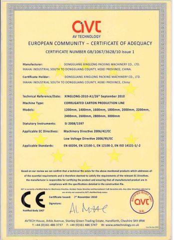 CE certificate from DONGGUANG XINGLONG PACKAGING MACHINERY CO., LTD.