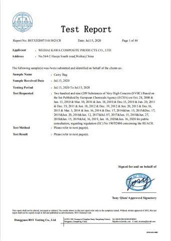 Reach for carry bag certificate from Weihai Kawa Composite Products Co., Ltd.