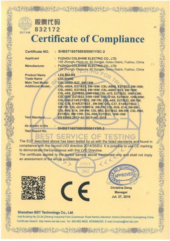 Colshine CE-LVD of led bulbs certificate from Fuzhou Colshine Electric Co., Ltd.