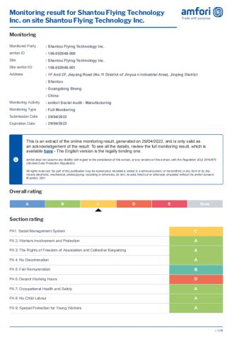 BSCI certificate from Shantou Flying Technology Inc.