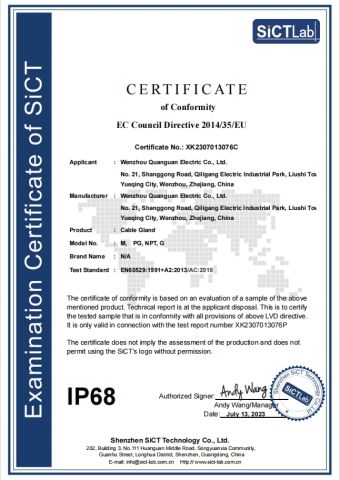 IP 68 certificate from Wenzhou Quanguan Electric Co., Ltd.