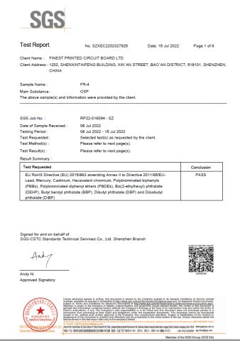 OSP RoHS test report certificate from Finest Printed Circuit Board Ltd.