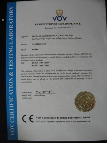CE certificate certificate from Taizhou Emas Machine Co., Ltd.