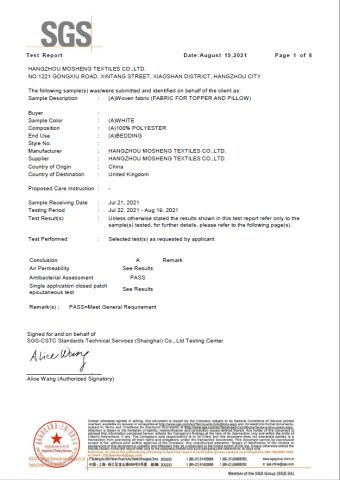 SGS certificate from Hangzhou Mosheng Textiles Co., Ltd.