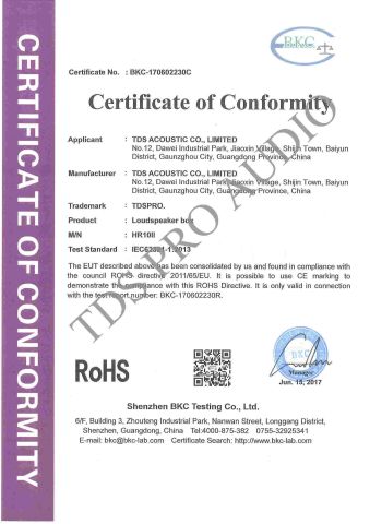ROHS CERTIFICATE certificate from TDS ACOUSTIC CO., LIMITED