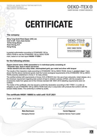 Fabric / Accessories OEKO-TEX Certified certificate from Mingteng Clothing Factory Ltd.