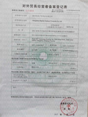 License Photo certificate from Hangzhou Maohe Outdoor Products Co., Ltd.