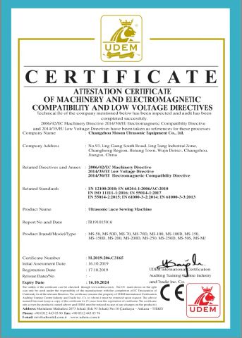 CE certificate of Ultrasonic Lace Sewing Machine certificate from Changzhou Mosun Ultrasonic Equipment Co., Ltd.