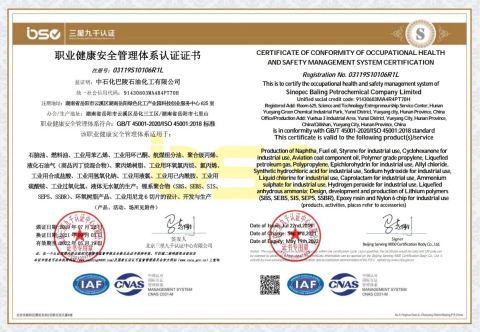 CERTIFICATE OF CONFORMITY OF OCCUPATIONAL HEALTH AND SAFETY MANAGEMENT SYSTEM CERTIFICIATION certificate from SINOPEC Baling Petrochemical Co., Ltd.