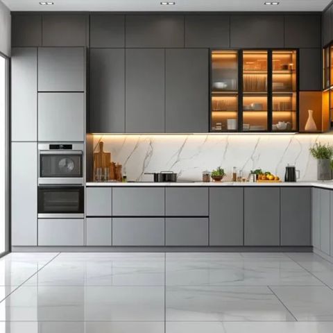Modern Luxury Kitchen Cabinets Set in Flat Door Design with Glass Panel ...