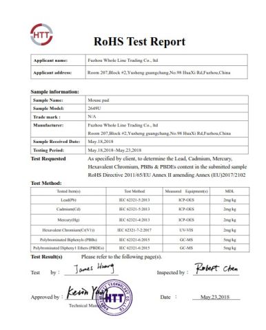 Mouse pad certificate from Fuzhou Whole Line Trading Co., Ltd.