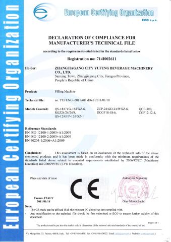 CE Certificate certificate of ZhangJiaGang City YuFeng Beverage Machinery Co., Ltd. – certificate photo, supplier certificates section