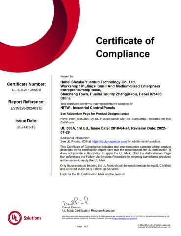 UL certificate from Hebei Shouke Yuantuo Technology Co., Ltd.