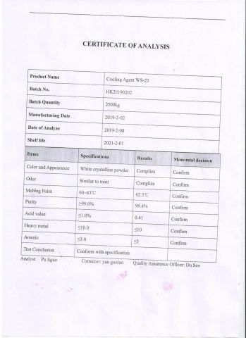 WS-23 COA certificate of Shaanxi Hongkang Biological Technology Co., Ltd. – certificate photo, supplier certificates section