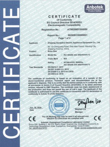 Bone Saw 01CE certificate from Taizhou Classical Electric & Mechanical Co., Ltd.