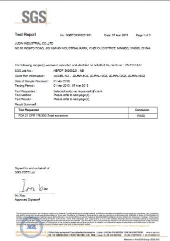 SGS certificate from NINGBO HAISHU JUDIN PACKING PRODUCTS CO., LTD.