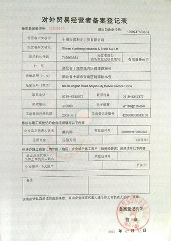 License Photo certificate from Shiyan Yunlihong Industrial & Trade Co., Ltd.
