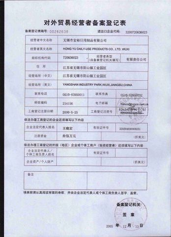 License Photo certificate from Wuxi Hongyu Daily-Use Products Co., Ltd.