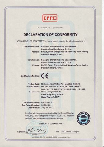 CE Certificates for Hydraulic Pipe Cutting and Belveling Machine certificate of SHANGHAI CHD WELDING & CUTTING EQUIPMENT CO., LTD. – certificate photo, supplier certificates section