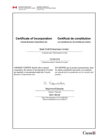 Incorporation Certificate certificate from SAAH CRAFT ENTERPRISES LIMITED
