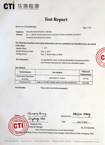 Hexavalent Chromium Test Report certificate of Woxin Industries Limited – certificate photo, supplier certificates section