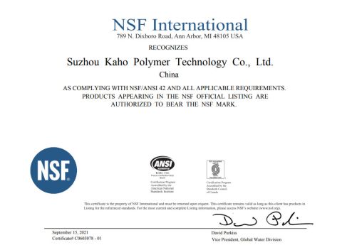 NSF42 certificate from Suzhou KAHO Polymer Technology Co., Ltd.