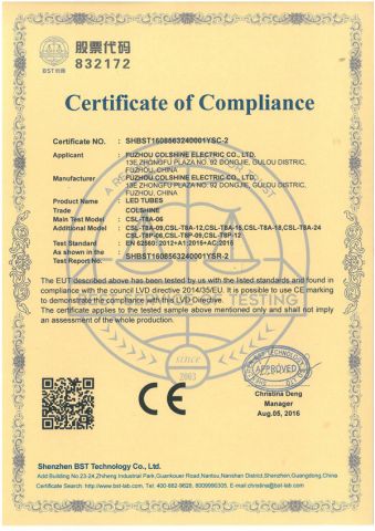 CE-LVD of led tube certificate from Fuzhou Colshine Electric Co., Ltd.