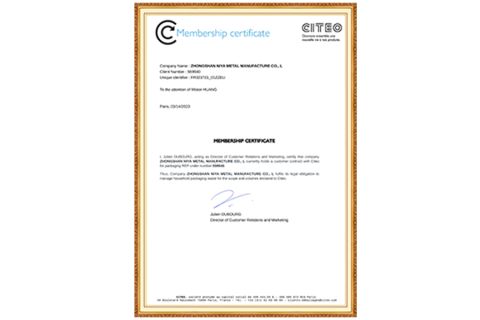 Certificate 1 certificate from Zhongshan Niya Metal Manufacture Co., Ltd.
