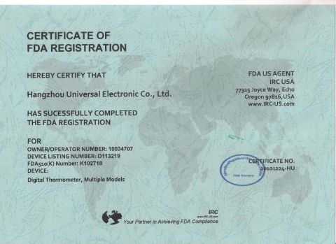 FDA certificate from Hangzhou Universal Electronic Co., Ltd.