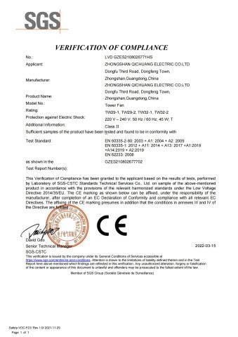 CE Certificate certificate from Zhongshan Qichuang Electric Co., Ltd