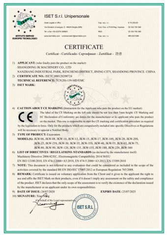 CE Certificate of excavators certificate of Shandong JK Machinery Co., Ltd. – certificate photo, supplier certificates section