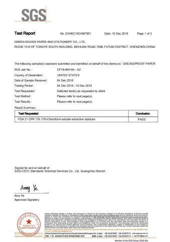 FDA SGS TEST REPORT certificate from Green Woods Paper & Stationery Co., Ltd.