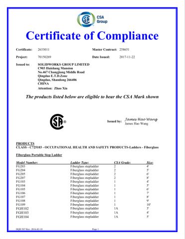 CSA Certificate of ladder certificate of ABC Tools MFG.Corp.(Qingdao) – certificate photo, supplier certificates section